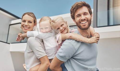 Image of Happy family, piggyback and real estate in new home, vacation or holiday break together bonding outside. Portrait of mom, dad and children on back with smile for house, apartment building or property