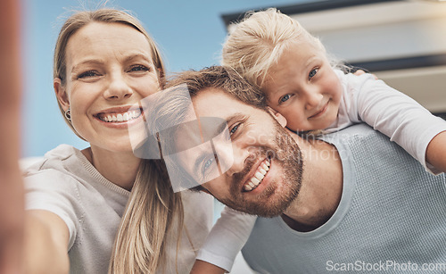 Image of Selfie, happy and portrait of a family at their house after moving, relocation and buying a home. Real estate, mortgage and face of a mother, father and child with a photo outside of a new apartment