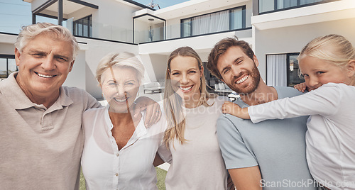 Image of Senior family, parents and child on holiday, modern house and real estate happiness in group portrait. Love, hug and excited people or elderly grandmother, father and kid in backyard of luxury home