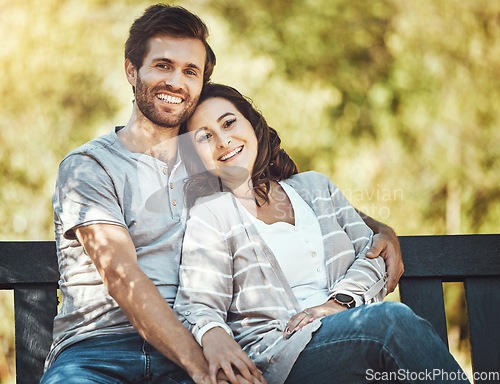 Image of Love, happy and portrait of a couple in a park to relax, be calm and caring in Australia. Summer, freedom and carefree man and woman with affection, smile and happiness in nature for valentines day