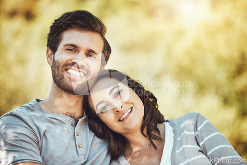 Image of Love, care and portrait of a couple in a park to relax, be calm and happy in Australia. Summer, freedom and carefree man and woman with affection, smile and happiness in nature for a date together