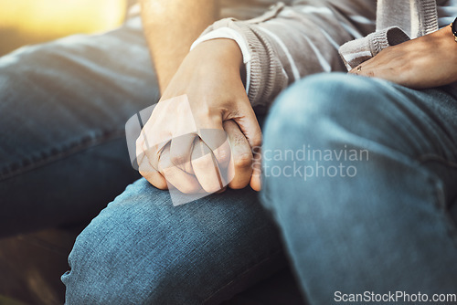 Image of Love, couple and holding hands for support, trust and affection, romance and care. Valentines, soulmate and man and woman together for unity, union and solidarity, romantic bonding or relationship.