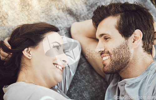 Image of Love, couple romance and relax, talking and having fun time together outdoors on valentines day. Trust, support and face of happy man and woman lying on romantic date, smile and having conversation.