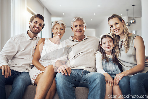 Image of Big family, love and portrait on sofa in home living room, bonding and enjoying quality time together. Relax, care and happy grandparents, father and mother with girl, child or kid relaxing on couch.