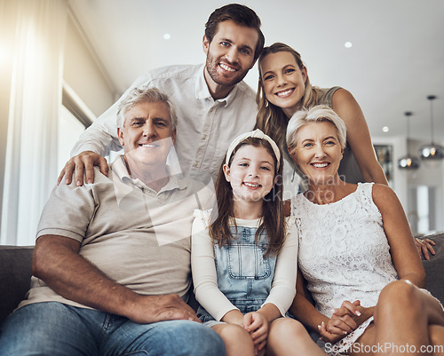 Image of Big family, smile and portrait on sofa in home living room, bonding and enjoying quality time together. Love, care and happy grandparents, father and mother with girl, child or kid relaxing on couch.