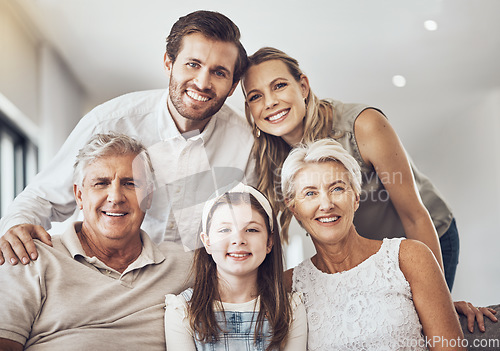Image of Smile, big family and portrait on sofa in home living room, bonding and enjoying quality time together. Love, care and happy grandparents, father and mother with girl, child or kid relaxing on couch.