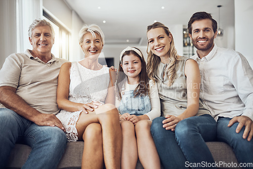 Image of Portrait, generations and family on sofa, smile and relax on break, bonding together and in living room. Face, grandparents and mother with father, daughter and on couch for quality time or happiness