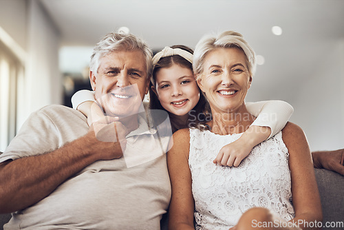 Image of Relax, portrait or grandparents hug a girl in living room bonding as a happy family in Berlin with love. Retirement, smile or elderly man relaxing old woman with child at home together on fun holiday