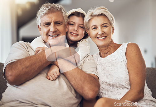 Image of Portrait, happy family or grandparents hug a girl in living room bonding in Australia with love. Retirement, smile or elderly person relaxing with old woman and child at home together on fun holiday