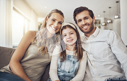 Image of Portrait, mother or father with a girl as a happy family in living room bonding in Australia with love or care. Child, smile or parents relaxing with a smile enjoying quality time on a fun holiday