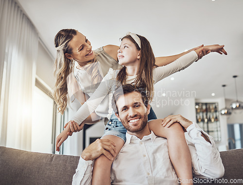 Image of Happy family, bonding or airplane game in living room, house or relax home in freedom activity, energy or fun play games. Smile, parents or child in flying on father shoulders in fantasy or support