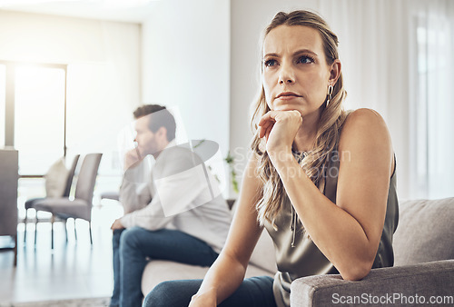 Image of Angry, ignore and couple on sofa in fight, divorce or depression for marriage problem, stress and sad. Woman thinking with partner fail or people in living room with conflict, anger and frustrated