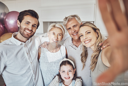 Image of Birthday, party and family selfie in kitchen for happy memory, social media or profile picture. Love, portrait or girl, mother and father with grandparents taking pictures together to celebrate event