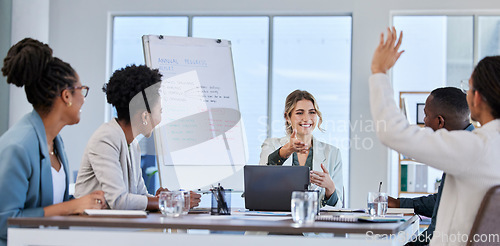 Image of Questions, leadership or business people in a meeting or presentation asking faq or giving creative ideas. Team work, hands up or happy woman talking or speaking to employees in a group collaboration