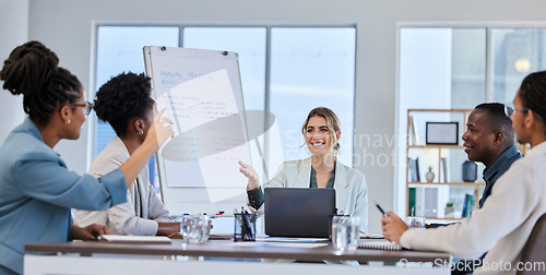 Image of Faq, leadership or business people in a meeting or presentation asking questions or giving creative ideas. Team work, hands up or happy woman talking or speaking to employees in a group collaboration