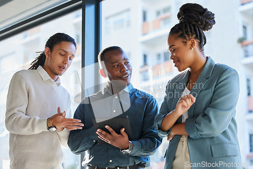 Image of Planning, advice and business with a tablet for a discussion, website and strategy as a team. Email, teamwork and black man consulting with employees about a proposal online on technology for work