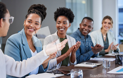 Image of Presentation, success or applause of business people in a meeting for sales growth, goals or deal. Partnership, collaboration or happy black woman with smile or praise for a manager in leadership