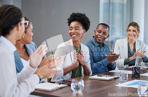 Image of Black woman, success or applause of business people in a meeting for winner of sales target or goals. Support, thank you or happy African worker with pride or smile after job promotion or achievement