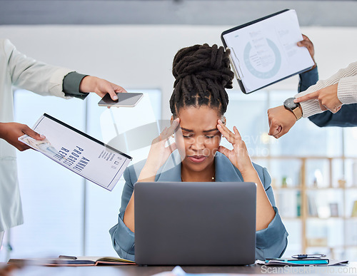 Image of Headache, stress or black woman multitasking documents, portfolio or paperwork for deadlines with anxiety. Bad time management, office chaos or frustrated worker with fatigue, depression or burnout