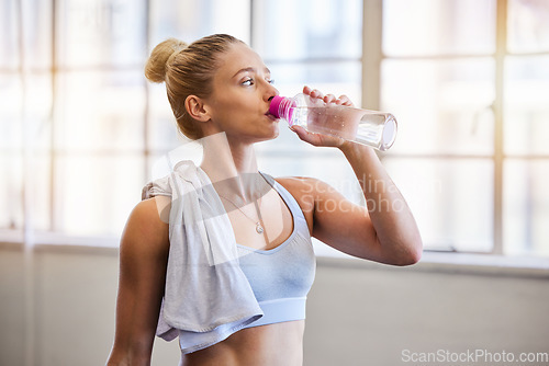 Image of Exercise, drinking water and woman tired, thinking and achievement for target, goal and resting in gym. Female, lady and athlete with hydration, ideas and aqua after workout, training and wellness