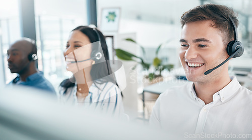 Image of Call center, customer service and happy team for support, crm and telemarketing in office. Men and woman consultant at pc with a smile for sales target, contact us and online advice with teamwork