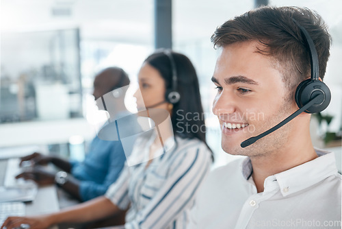 Image of Call center, customer service and happy consultant team at crm or telemarketing office. Man and woman agent with diversity at pc for sales, contact us and online support or advice at help desk