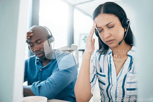 Image of Headache, tired and call center employees with stress, burnout and anxiety from telemarketing. Mental health, sad and customer service workers frustrated with web support, communication and problem