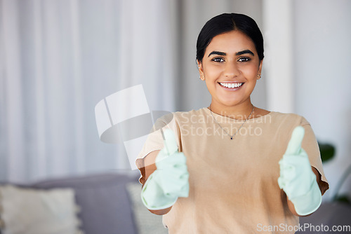 Image of Woman, portrait smile and thumbs up for winning, cleaning or good job with domestic gloves on mockup at home. Happy female housekeeper smiling showing hand sign or emoji for great service or thanks