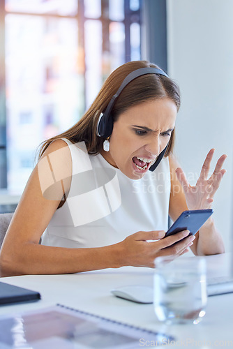 Image of Angry, glitch and call center employee on a phone with bad news, communication and email stress. Telemarketing, contact us and frustrated woman reading a mistake, problem or chat fail on a mobile