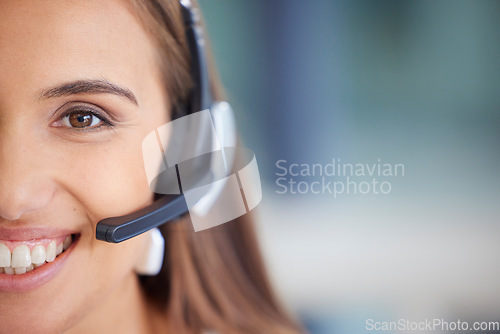 Image of Call center woman face and consultant, telemarketing agent or virtual assistant with customer services smile. Contact us, ecommerce technical support and person portrait for business crm consulting