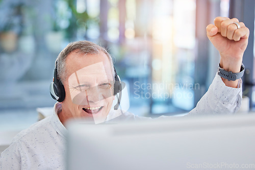 Image of Senior, call center man or success deal on computer for customer service, contact us support or CRM consulting. Celebration, consultation or communication for wow, winner smile or happy telemarketing