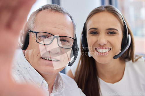 Image of Call center selfie, portrait and employees in telemarketing, customer service and consulting. Bonding, friends and face of workers in online support taking a photo for a work memory in sales