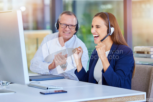 Image of Teamwork, call center or success deal on computer for customer service, contact us support or CRM consulting. Celebration, consultation or communication for wow, winner smile or happy telemarketing