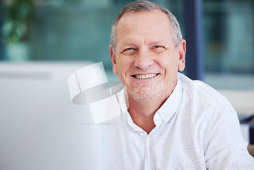 Image of Senior businessman, portrait smile and computer for career success, vision or ambition at office. Happy elderly male CEO face smiling for project management, mission or corporate goals at workplace