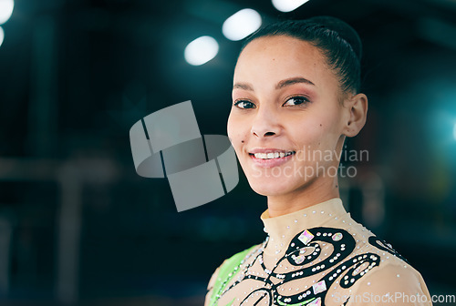 Image of Gymnastics portrait, woman with smile and sport with mockup space, competition and fitness in gym or arena. Professional gymnast face, sports and exercise with health, wellness and active lifestyle