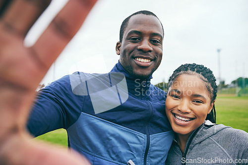 Image of Fitness portrait, black couple and selfie at park after exercise, training or workout in winter. Sports, health and face of man and woman taking pictures or photos for social media or happy memory.