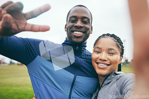 Image of Fitness, black couple and peace sign selfie at park after exercise, training or workout in winter. Happy, v hand gesture and face portrait of man and woman taking pictures for social media or memory.