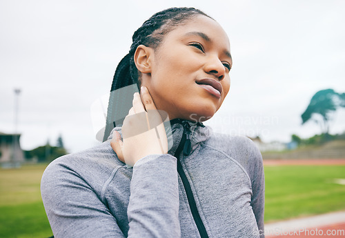 Image of Fitness, neck pain and black woman with injury after running, workout or exercise. Winter sports, training and injured female athlete with inflammation, fibromyalgia and painful muscles outdoors.