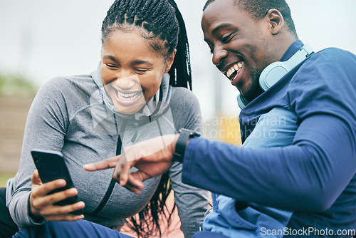 Image of Phone, fitness and couple of friends check results, progress and data on mobile app, excited for exercise goals. Black people or sports woman and partner on smartphone for outdoor workout or training