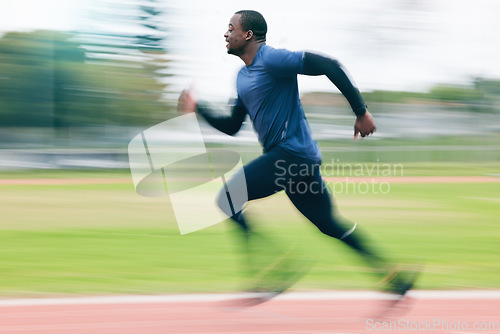 Image of Black man, running and athletics for sports training, cross fit or exercise on stadium track in the outdoors. African American male runner athlete in fitness, sport or run for practice workout