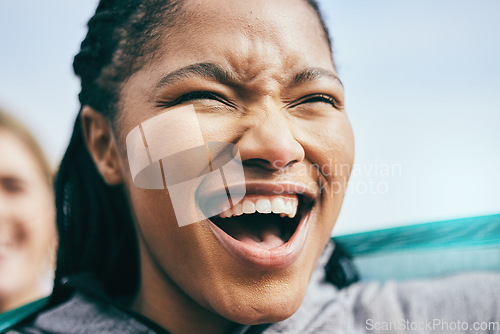 Image of Sports, cheer and excited black woman in stadium shouting, cheering and screaming support for team. Motivation, success and face of girl fan enjoy sport game, match and celebration for winning goals