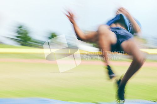 Image of High jump, fitness and athletics by man at a stadium for training, energy and cardio against sky background. Jumping, athlete and male outdoors for performance, endurance and competition on mock up