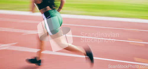 Image of Black woman, running and legs in athletics for sports training, cross fit or exercise on stadium track outdoors. African American female runner athlete in fitness, sport or run for practice workout