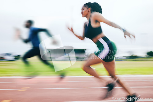Image of Black woman, running and athletics in sports race for training, cross fit or exercise in blur on stadium track. African American female runner athlete in fitness, sport or speed run for competition
