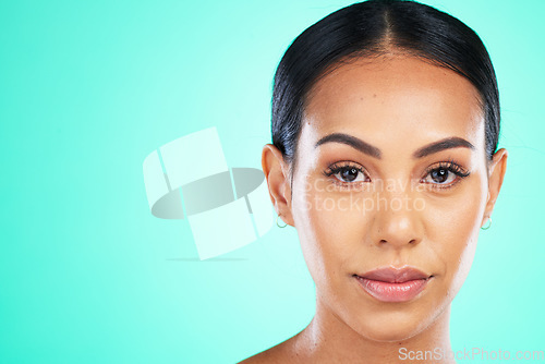 Image of Beauty, face and black woman isolated on green background for cosmetics, facial skincare and mockup space. Young model or person in portrait for dermatology, product placement and studio mock up