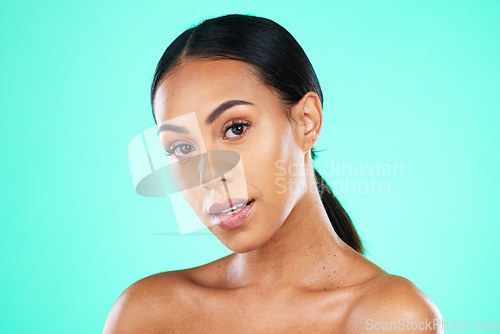 Image of Beauty, portrait and black woman isolated on a green background for cosmetics glow, skincare shine and facial. Face of a young model or person in studio mockup for dermatology results or aesthetic