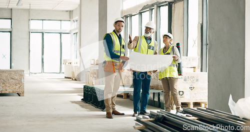 Image of Architect, construction and team planning with blueprint for building project, strategy and collaboration on site. Group of people in engineering and architecture in business discussion for design