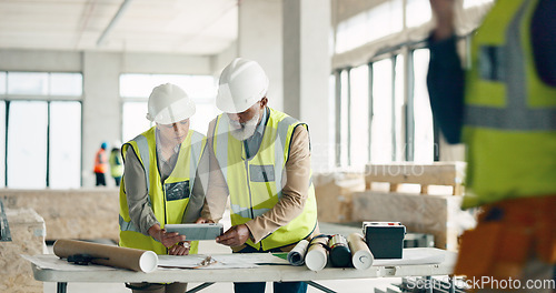 Image of Engineer, architect and business people on tablet for construction, strategy or project plan at work. Team of contractors working together on architecture planning or discussion on touchscreen