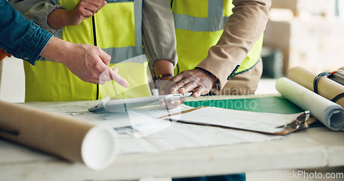 Image of Tablet, architecture and construction worker people planning for engineer collaboration, project development and blueprint review. Contractor hands with digital software app for civil engineering job