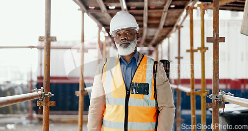 Image of Construction, building and mature architect with design, vision and idea for development while working at a construction site. Portrait of elderly industrial worker with arms crossed for architecture